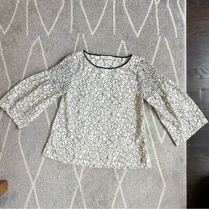 LOFT Ivory and Black Floral Ruffle Lace Boxy Blouse NWT
